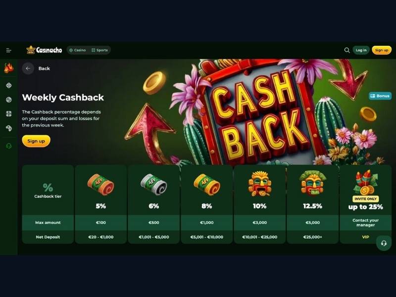 Cashback come ammortizzatore dell'alta varianza su Casinacho Casino Nacho Casino Italia